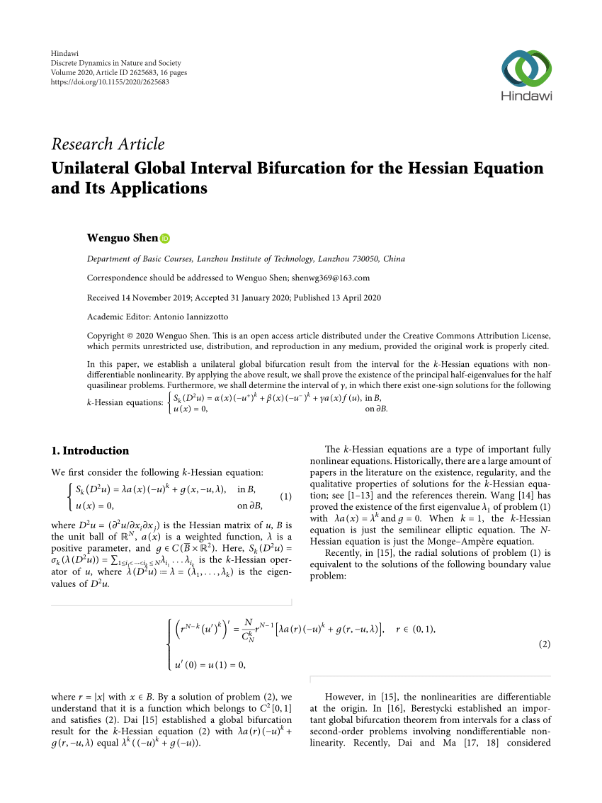 Pdf Unilateral Global Interval Bifurcation For The Hessian Equation And Its Applications