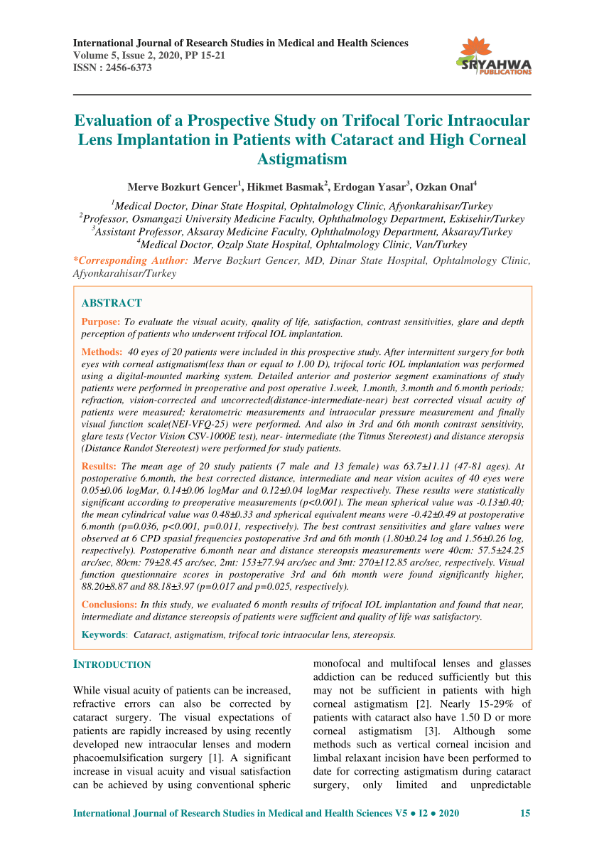 PDF Evaluation Of A Prospective Study On Trifocal Toric Intraocular Lens Implantation In