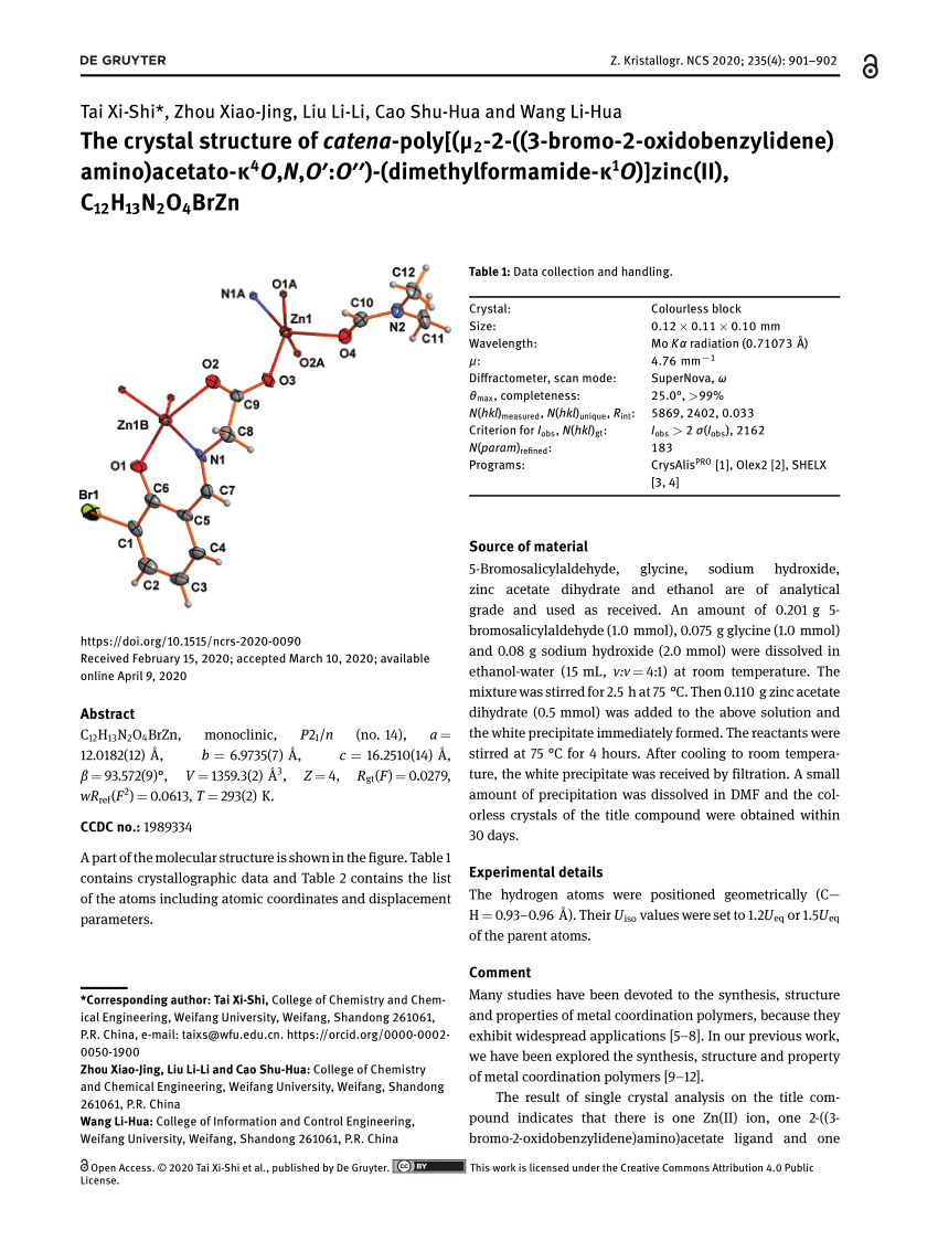 Pdf The Crystal Structure Of Catena Poly M2 2 3 Bromo 2 Oxidobenzylidene Amino Acetato K4o N O O Dimethylformamide K1o Zinc Ii C12h13n2o4brzn