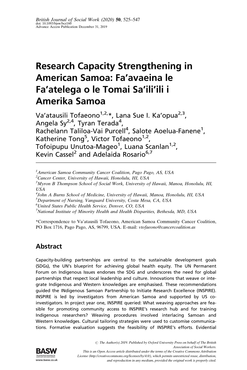 Pdf Research Capacity Strengthening In American Samoa Fa Avaeina Le Fa Atelega O Le Tomai Sa Ili Ili I Amerika Samoa