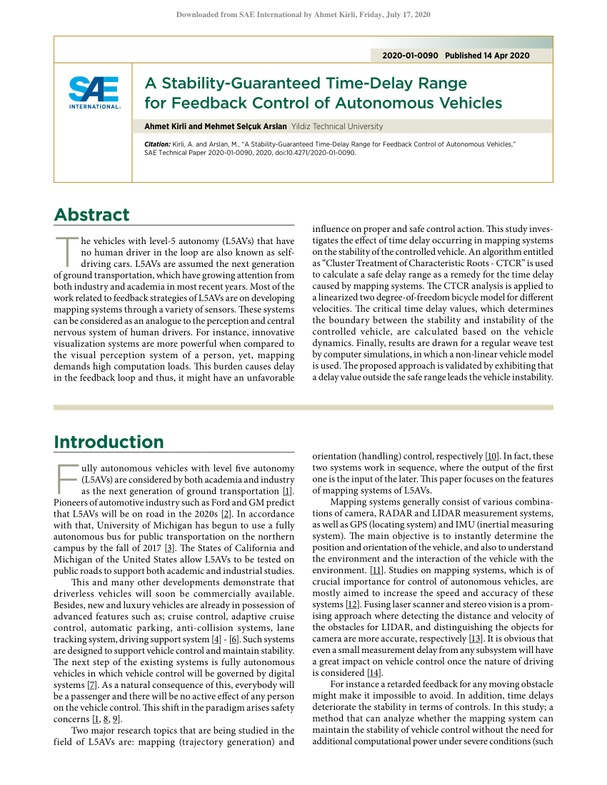Pdf A Stability Guaranteed Time Delay Range For Feedback Control Of Autonomous Vehicles