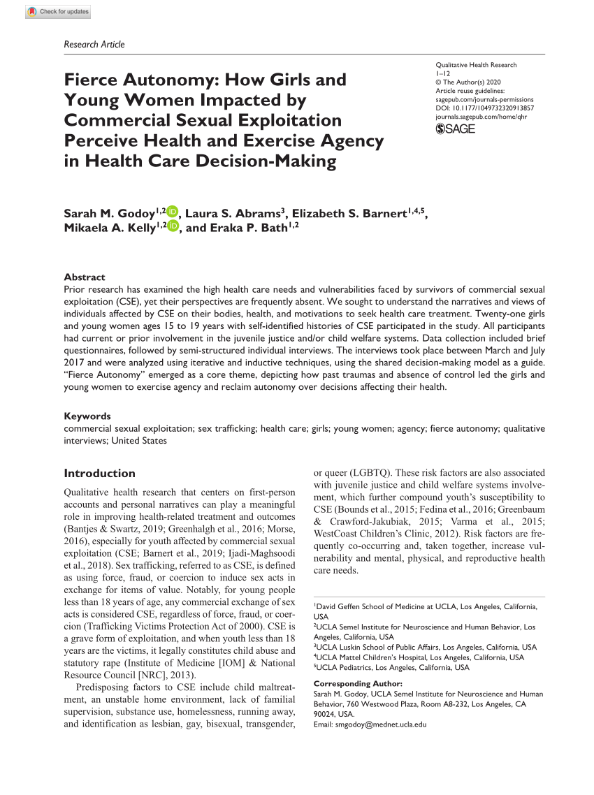 PDF) Fierce Autonomy: How Girls and Young Women Impacted by Commercial  Sexual Exploitation Perceive Health and Exercise Agency in Health Care  Decision-Making