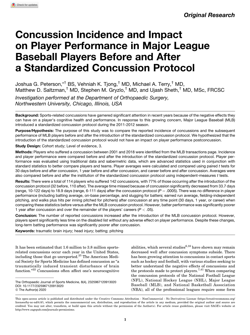 PDF) Concussion Incidence and Impact on Player Performance in Major League  Baseball Players Before and After a Standardized Concussion Protocol