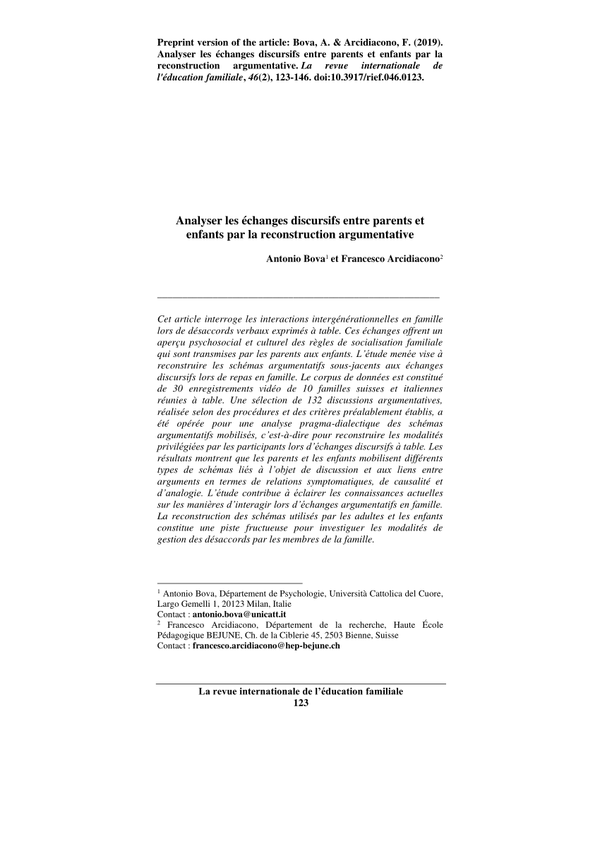 Pdf Analyser Les Echanges Discursifs Entre Parents Et Enfants Par La Reconstruction Argumentative