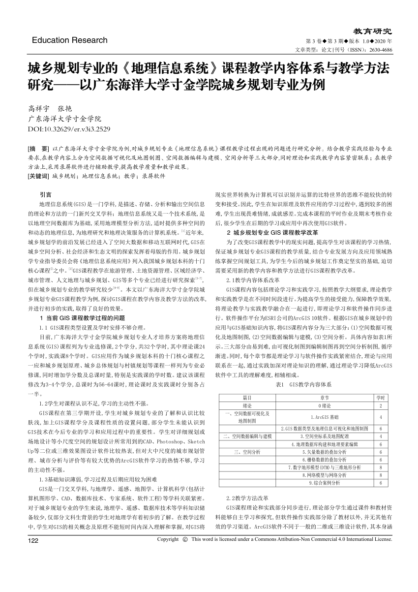 Pdf 城乡规划专业的 地理信息系统 课程教学内容体系与教学方法研究 以广东海洋大学寸金学院城乡规划专业为例