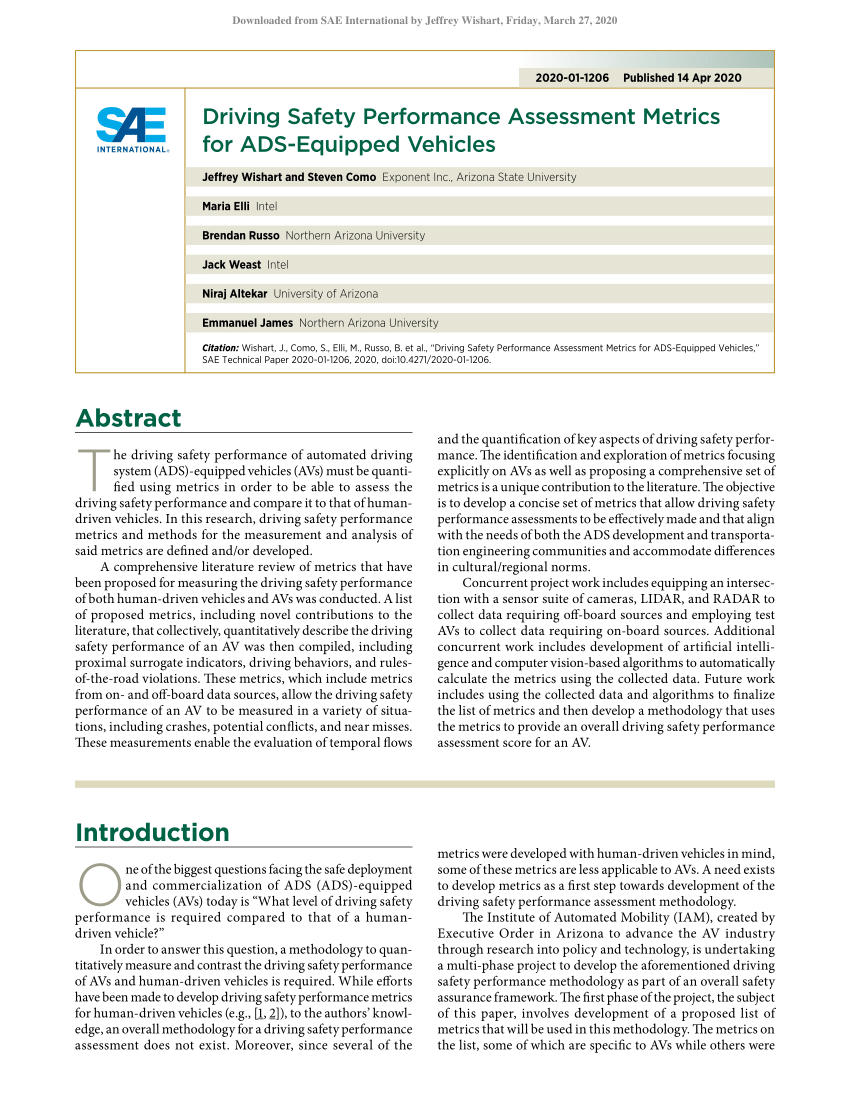 Pdf Driving Safety Performance Assessment Metrics For Ads Equipped Vehicles