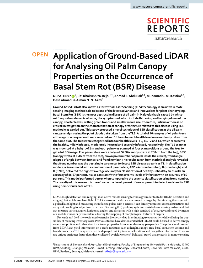 PDF) Application of Ground-Based LiDAR for Analysing Canopy Properties on the Occurrence of Stem Rot (BSR) Disease