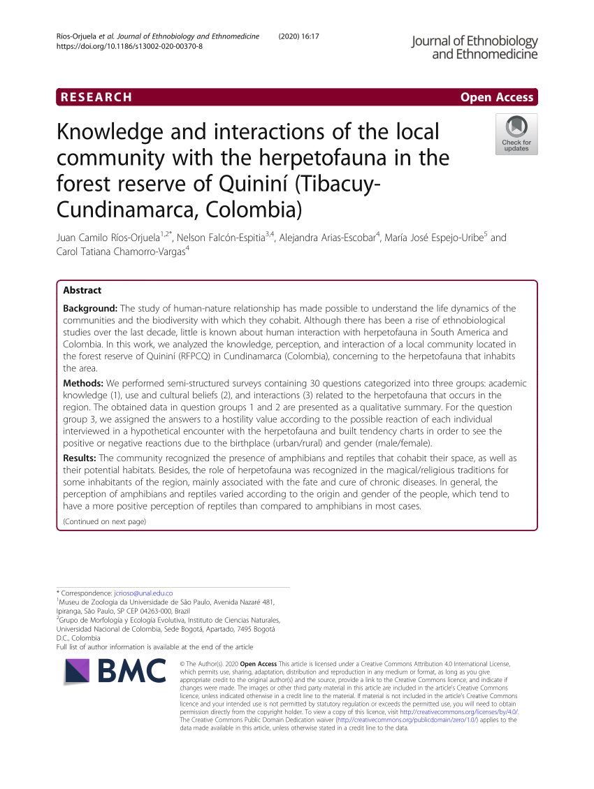 Pdf Knowledge And Interactions Of The Local Community With The Herpetofauna In The Forest Reserve Of Quinini Tibacuy Cundinamarca Colombia