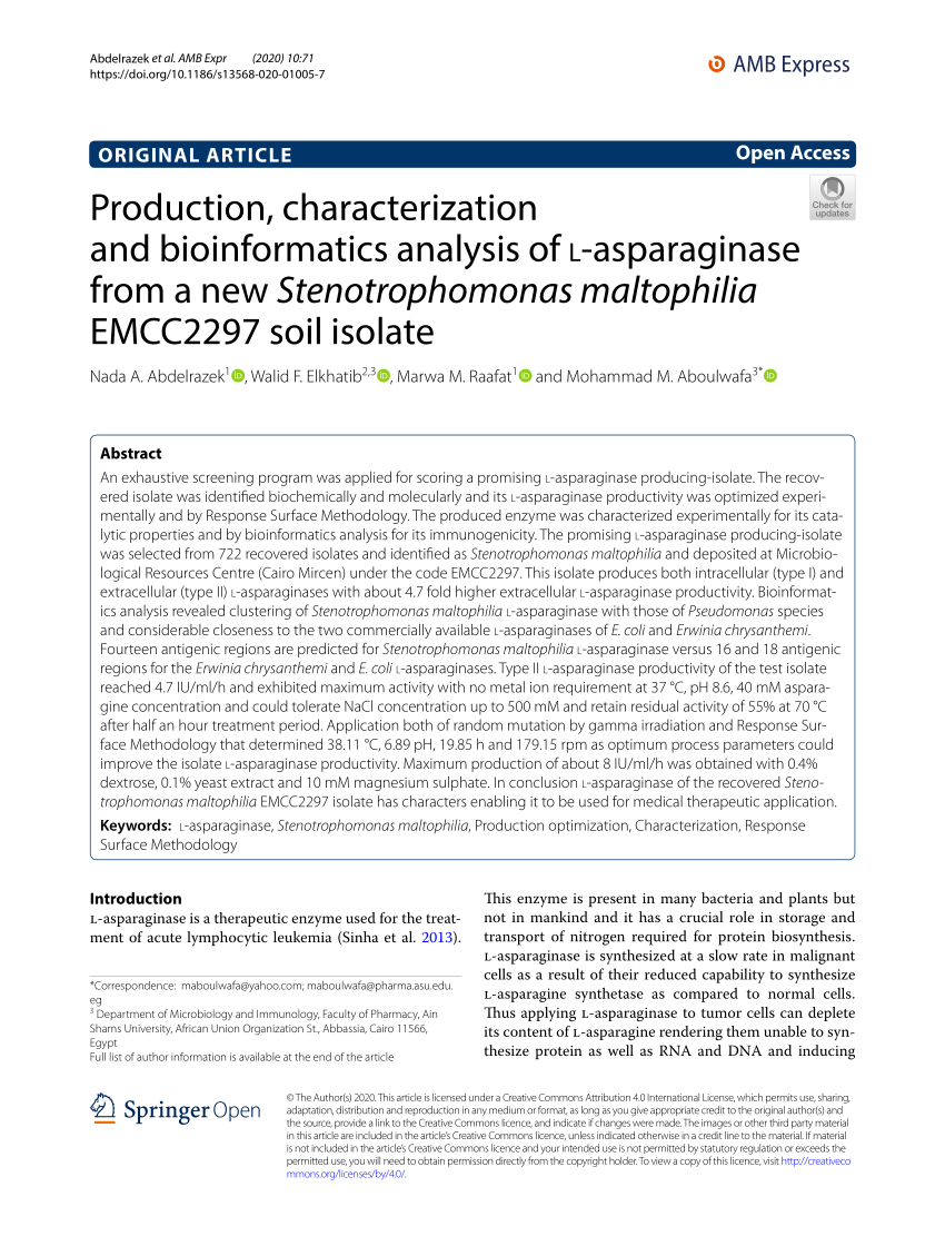 PDF) Production, characterization and bioinformatics analysis of  L-asparaginase from a new Stenotrophomonas maltophilia EMCC2297 soil isolate