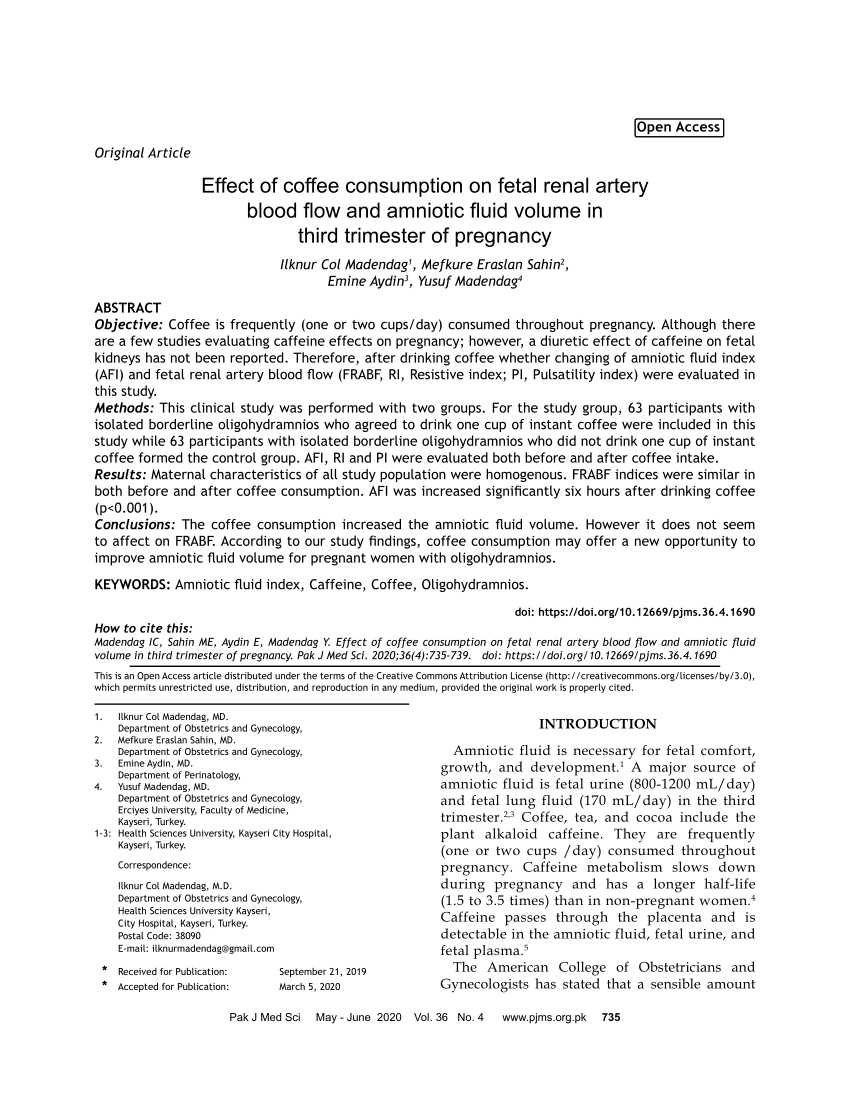 pdf effect of coffee consumption on fetal renal artery blood flow and amniotic fluid volume in third trimester of pregnancy