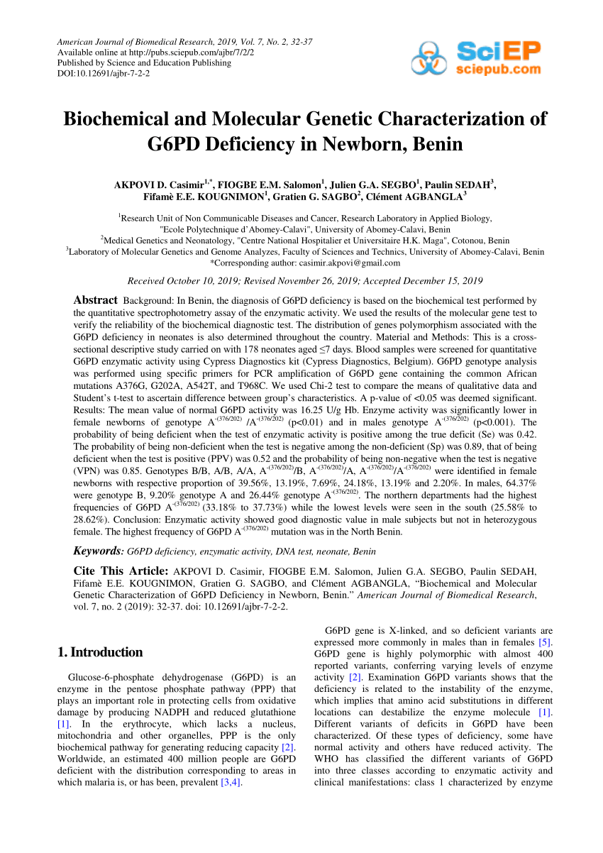 Pdf Biochemical And Molecular Genetic Characterization Of G6pd Deficiency In Newborn Benin