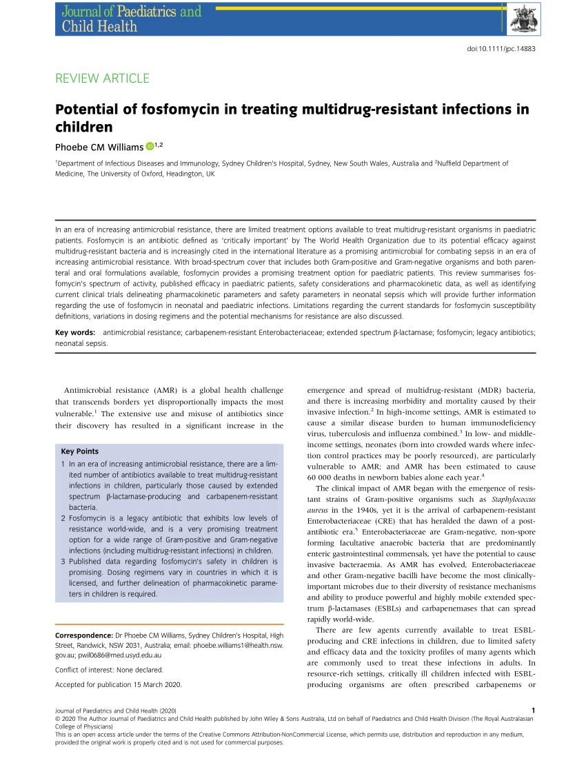 Pdf Potential Of Fosfomycin In Treating Multidrug Resistant Infections In Children