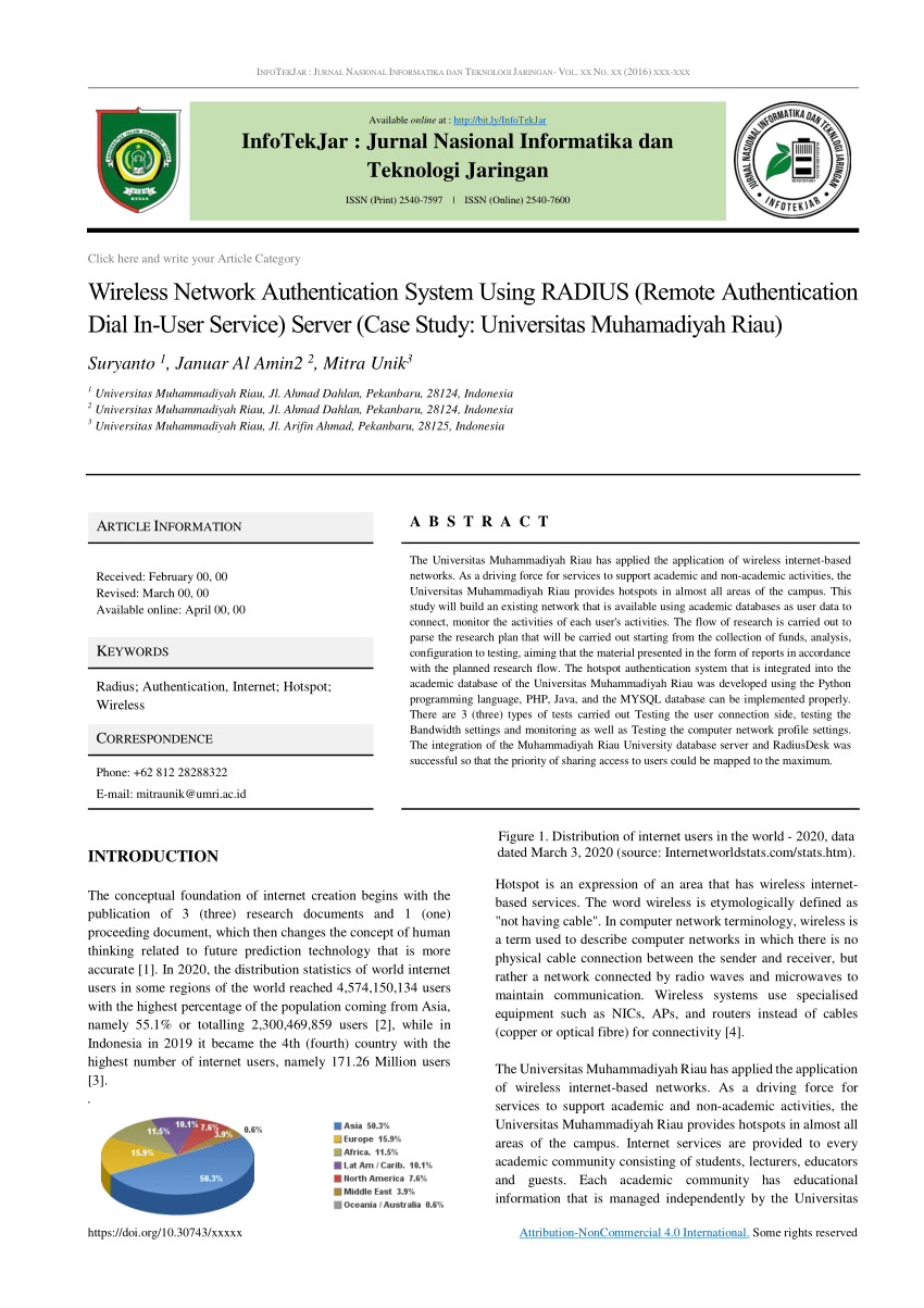 Pdf Wireless Network Authentication System Using Radius Remote Authentication Dial In User Service Server Case Study Universitas Muhamadiyah Riau