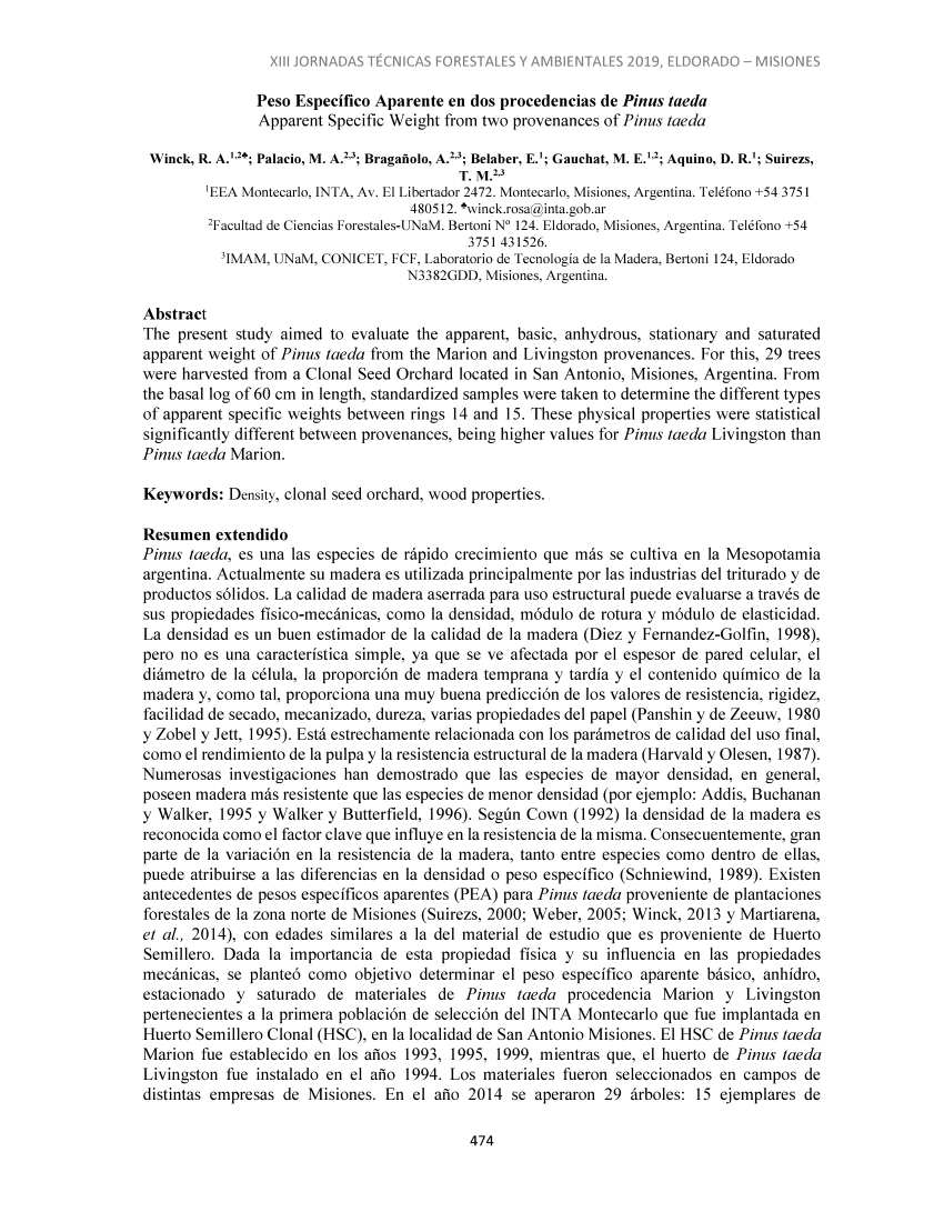 (PDF) Peso Específico Aparente en dos procedencias de Pinus taeda