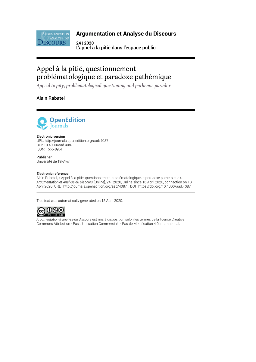 Pdf Appel A La Pitie Questionnement Problematologique Et Paradoxe Pathemiqueappeal To Pity Problematological Questioning And Pathemic Paradox