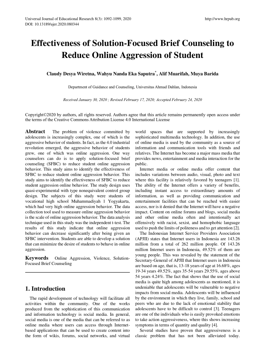Pdf Effectiveness Of Solution Focused Brief Counseling To Reduce Online Aggression Of Student