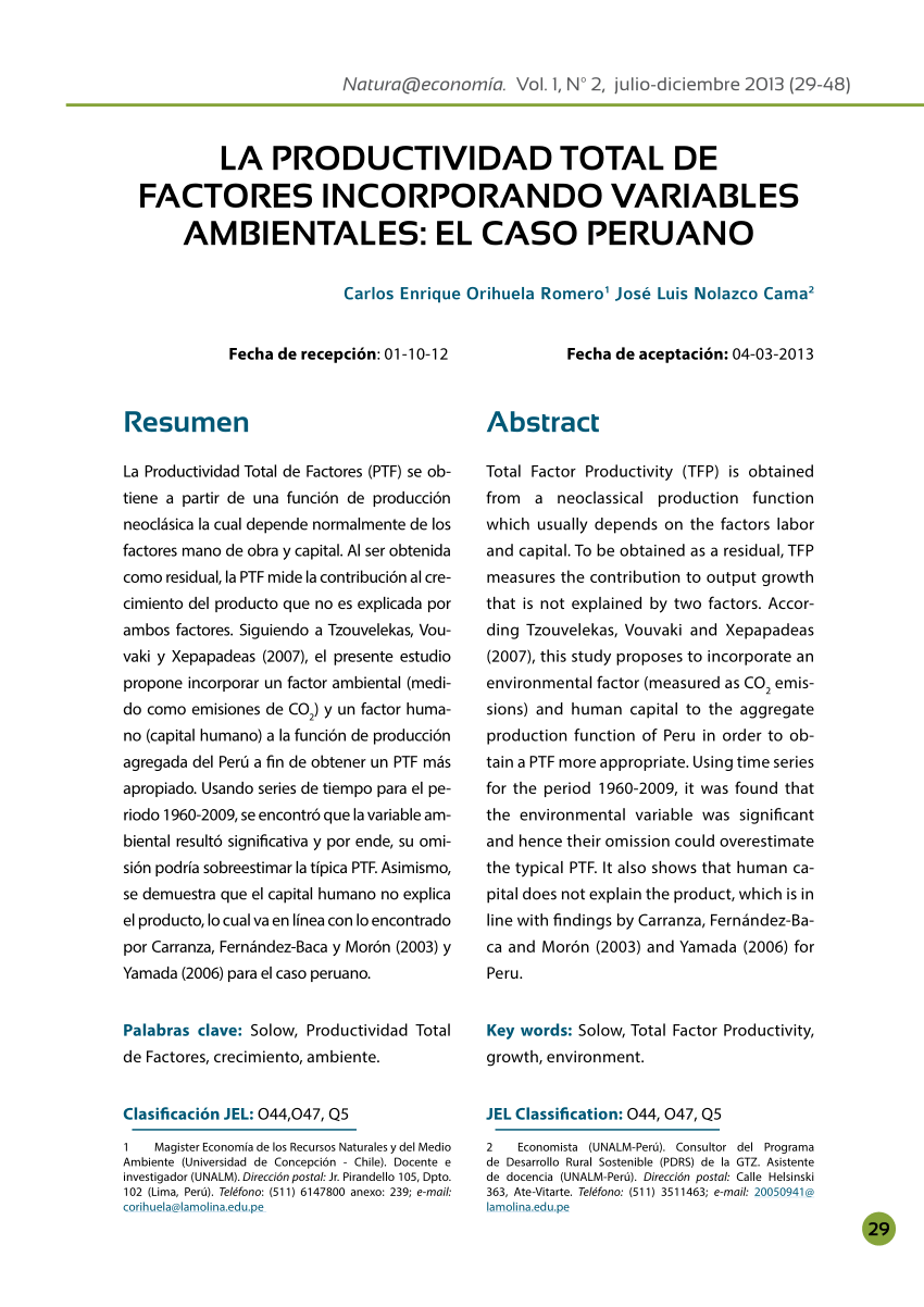 PDF) La productividad total de factores incorporando variables ambientales:  El caso peruano