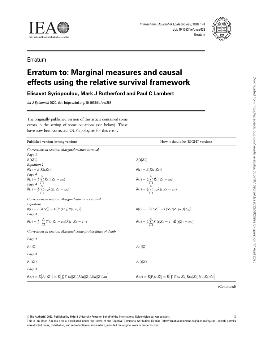 Pdf Erratum To Marginal Measures And Causal Effects Using The Relative Survival Framework