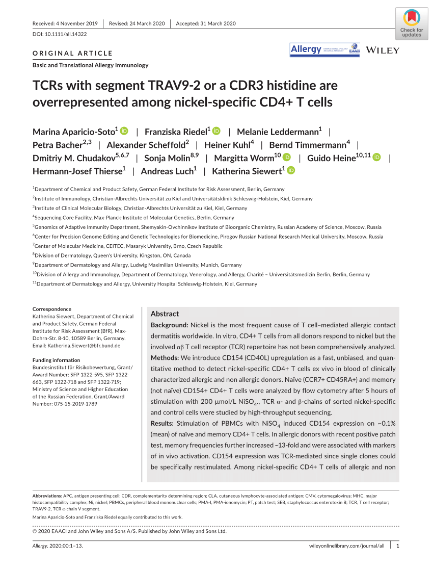 Pdf Tcrs With Segment Trav9 2 Or A Cdr3 Histidine Are Overrepresented Among Nickel Specific Cd4 T Cells