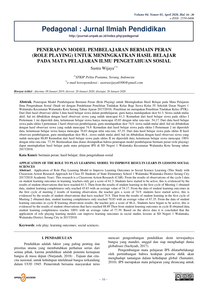 Pdf Penerapan Model Pembelajaran Bermain Peran Role Playing Untuk Meningkatkan Hasil Belajar Pada Mata Pelajaran Ilmu Pengetahuan Sosial