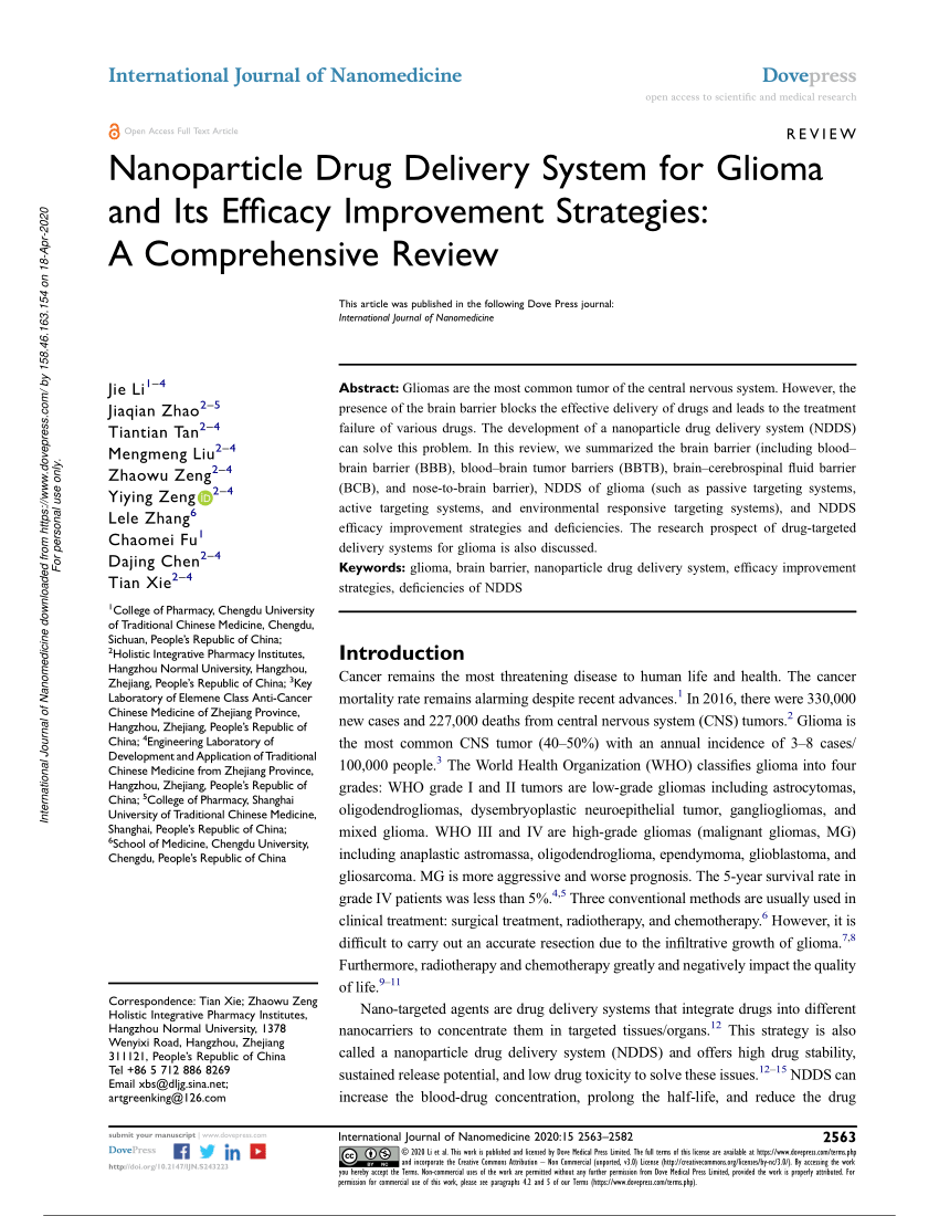 PDF) Nanoparticle Drug Delivery System for Glioma and Its Efficacy 
