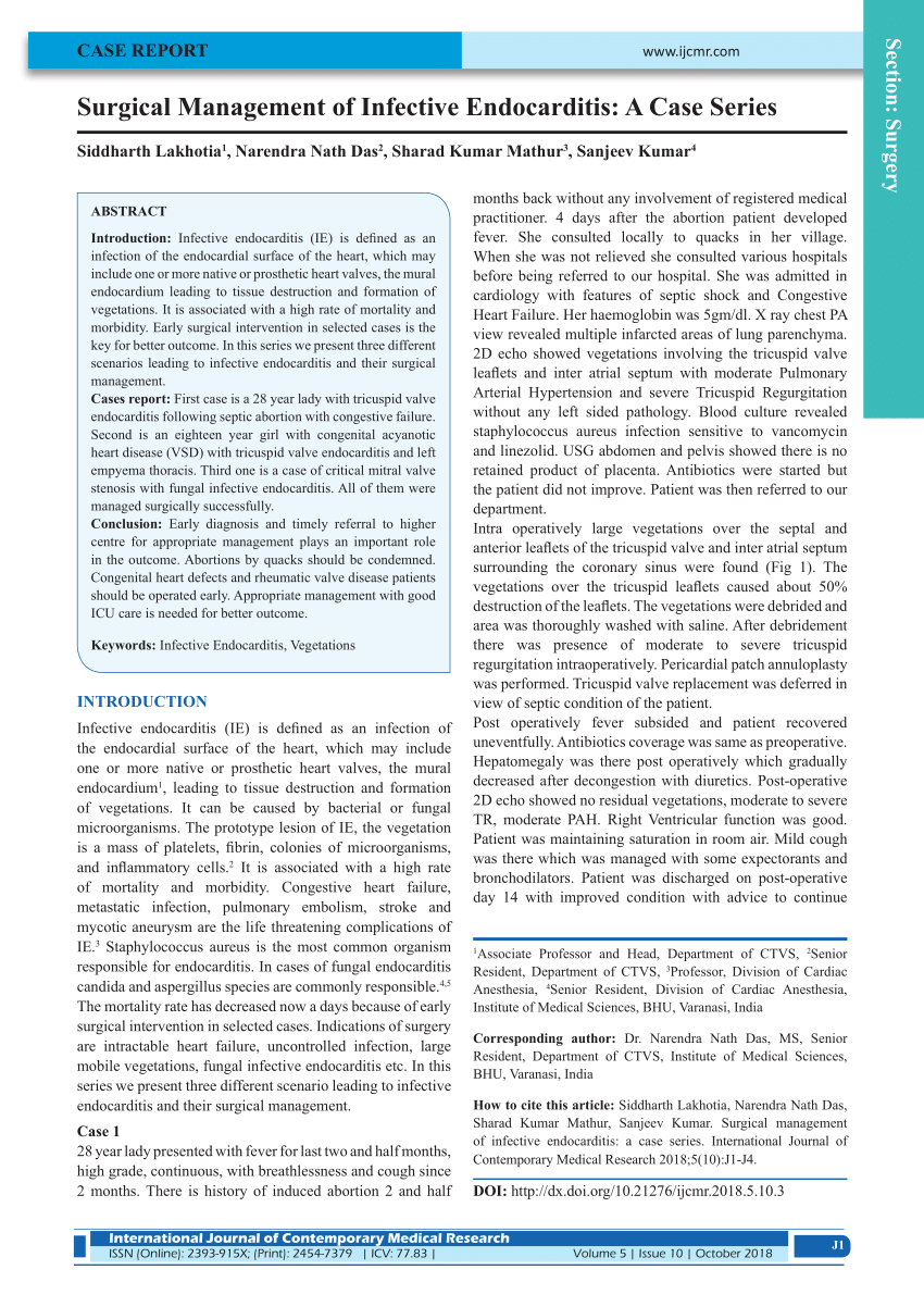 Pdf Surgical Management Of Infective Endocarditis A Case Series 