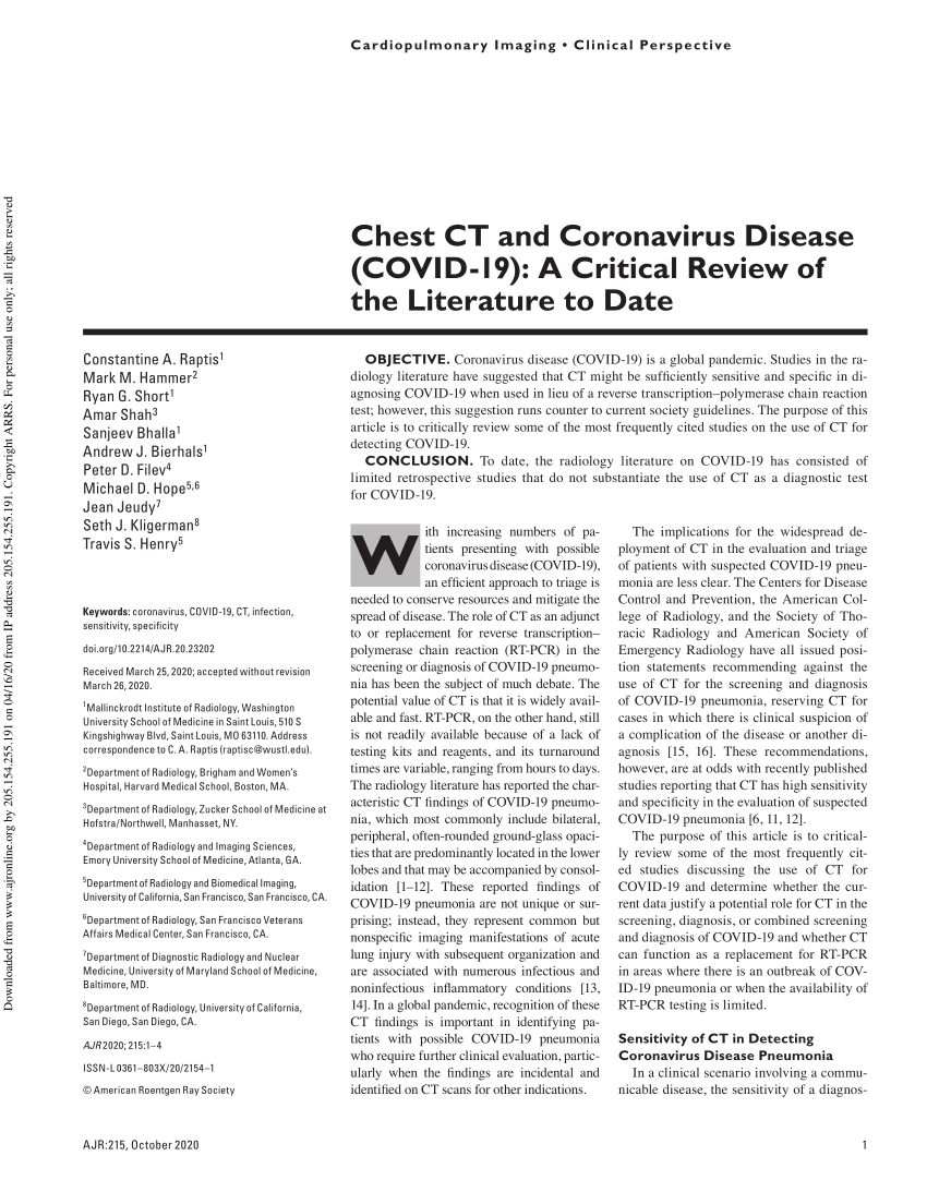 Pdf Chest Ct And Coronavirus Disease Covid 19 A Critical Review Of The Literature To Date