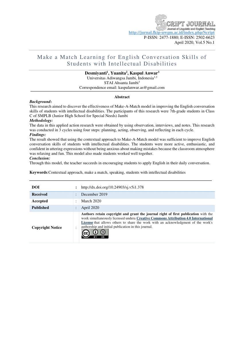 Pdf Make A Match Learning For English Conversation Skills Of Students With Intellectual Disabilities