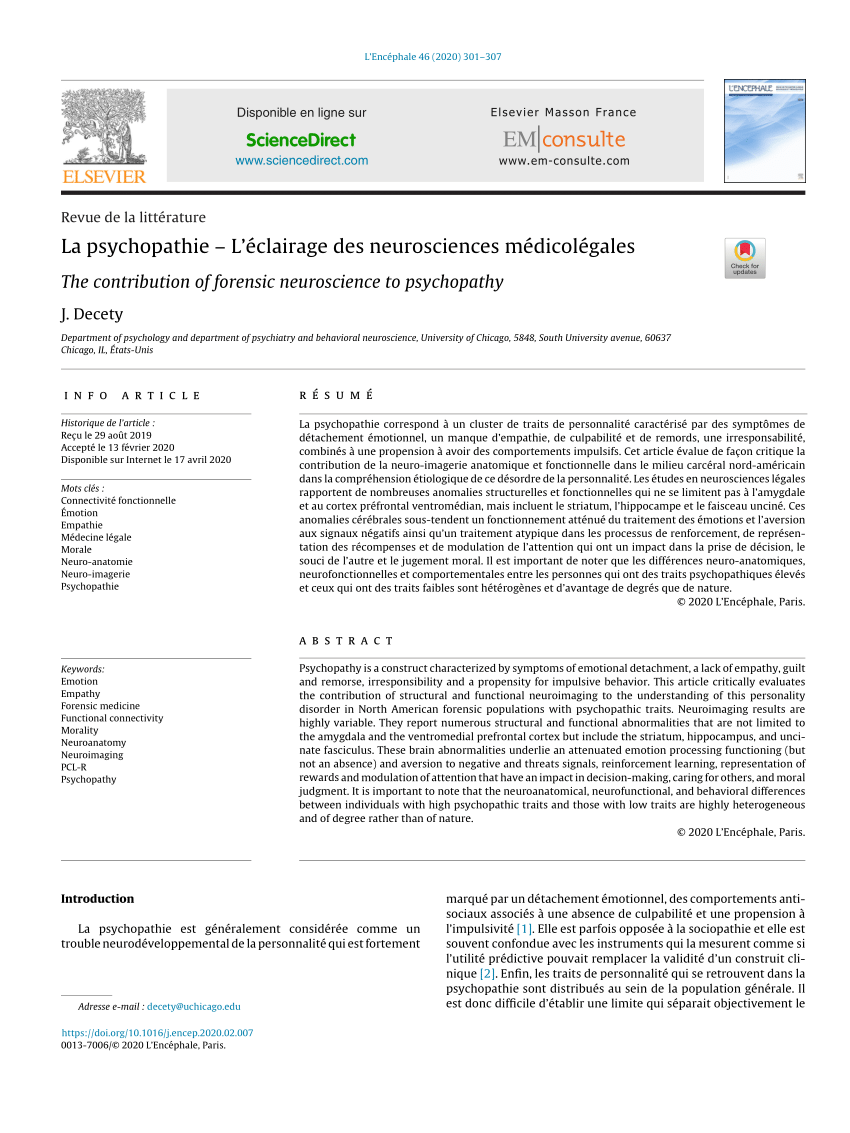 Pdf La Psychopathie L Eclairage Des Neurosciences Medicolegales