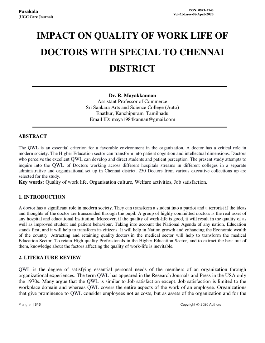 Pdf Impact On Quality Of Work Life Of Doctors With Special To Chennai District