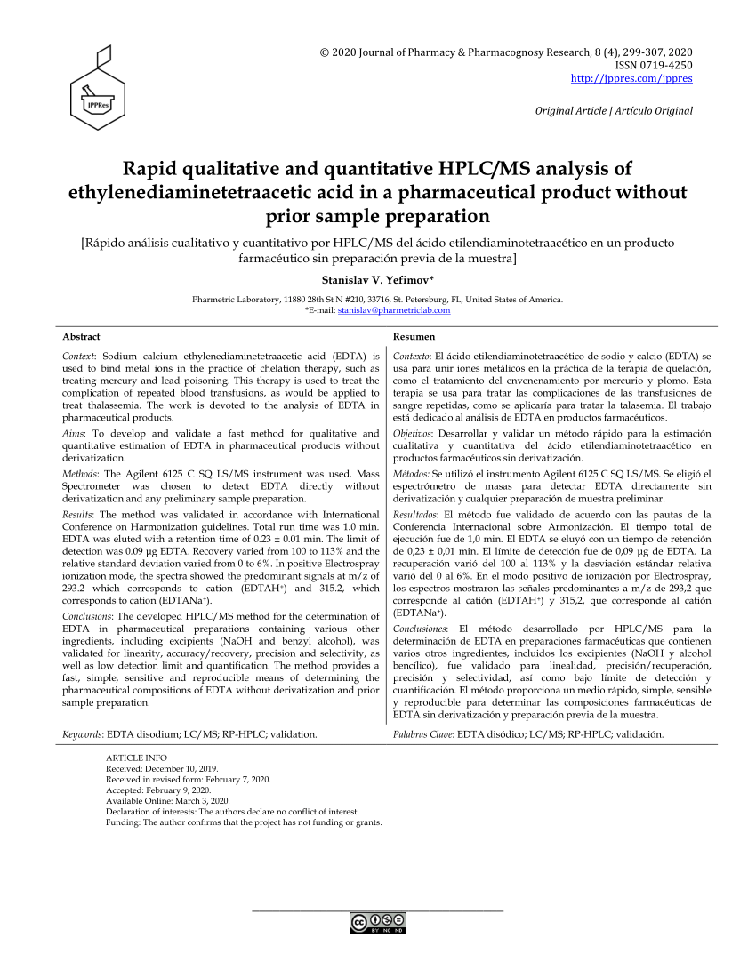 Pdf Rapid Qualitative And Quantitative Hplc Ms Analysis Of Ethylenediaminetetraacetic Acid In A Pharmaceutical Product Without Prior Sample Preparation