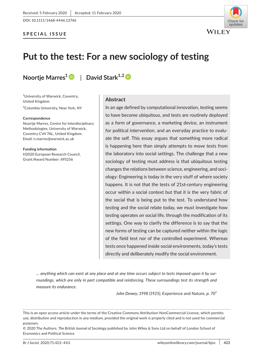 Pdf Put To The Test For A New Sociology Of Testing