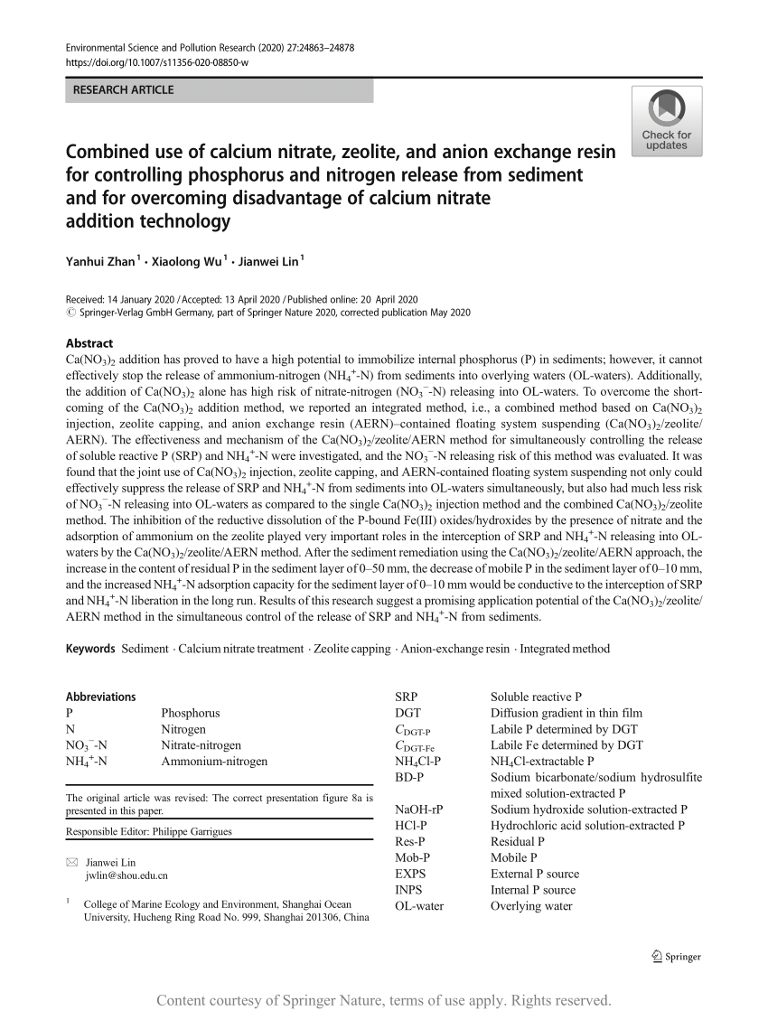 Combined Use Of Calcium Nitrate Zeolite And Anion Exchange Resin For Controlling Phosphorus And Nitrogen Release From Sediment And For Overcoming Disadvantage Of Calcium Nitrate Addition Technology Request Pdf