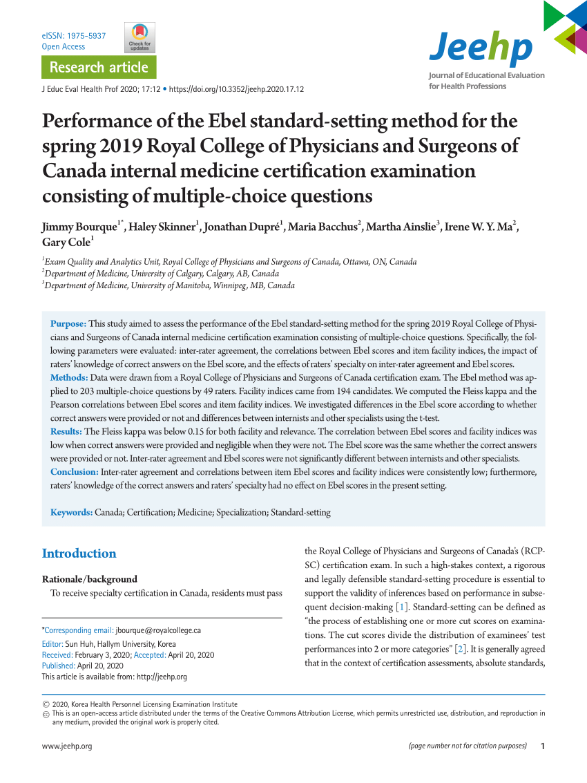 Pdf Performance Of The Ebel Standard Setting Method In Spring 2019 Royal College Of Physicians 4245