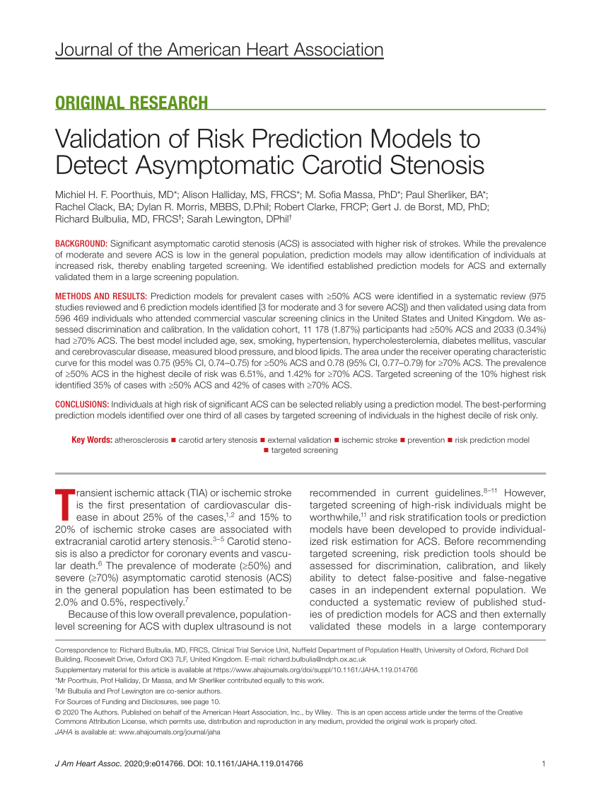 PDF) Validation of Risk Prediction Models to Detect Asymptomatic Carotid  Stenosis