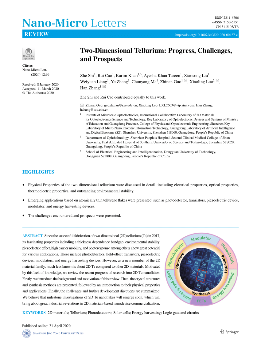 PDF) Two-Dimensional Tellurium: Progress, Challenges, and Prospects