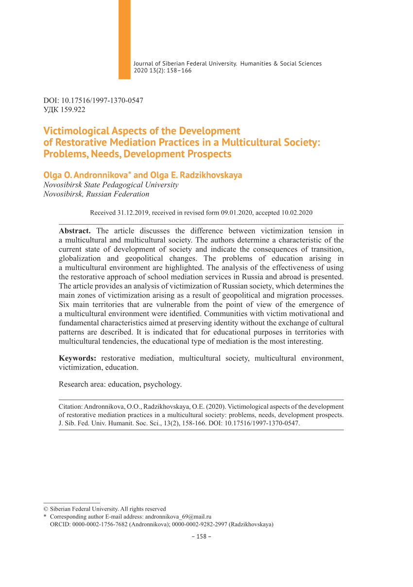 Pdf Victimological Aspects Of The Development Of Restorative Mediation Practices In A Multicultural Society Problems Needs Development Prospects