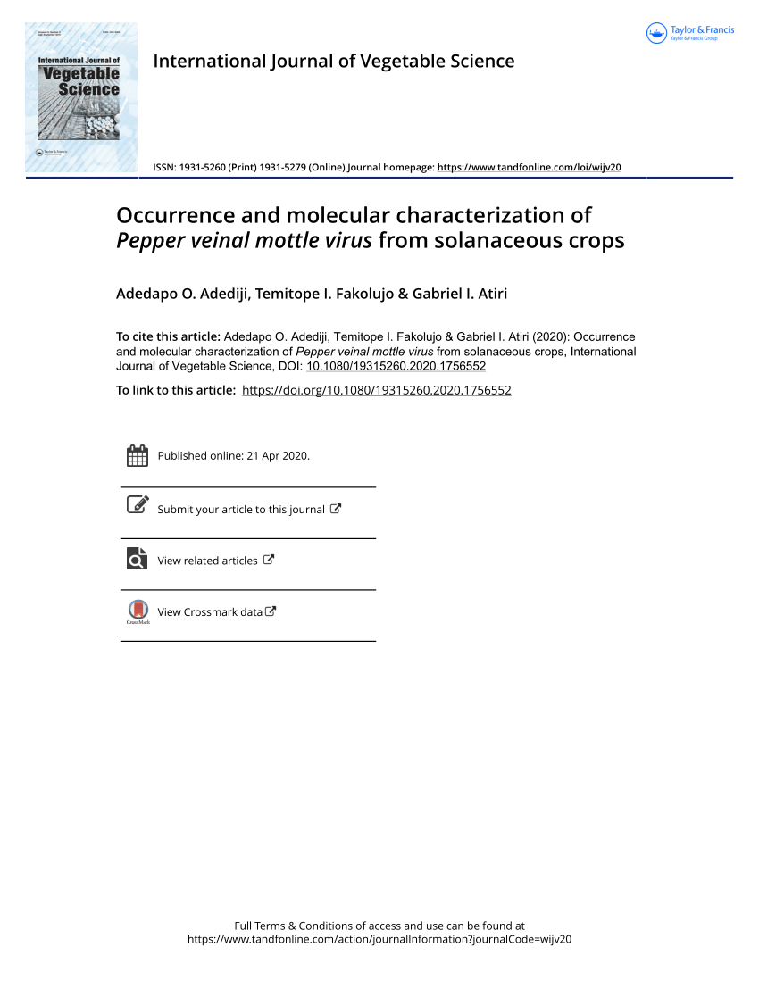 Pdf Occurrence And Molecular Characterization Of Pepper Veinal Mottle