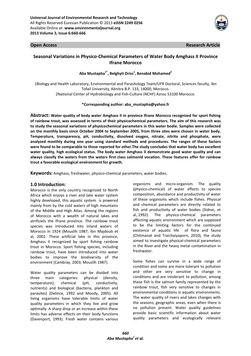 Pdf Seasonal Variations In Physico Chemical Parameters Of Water Body Amghass Ii Province Ifrane Morocco