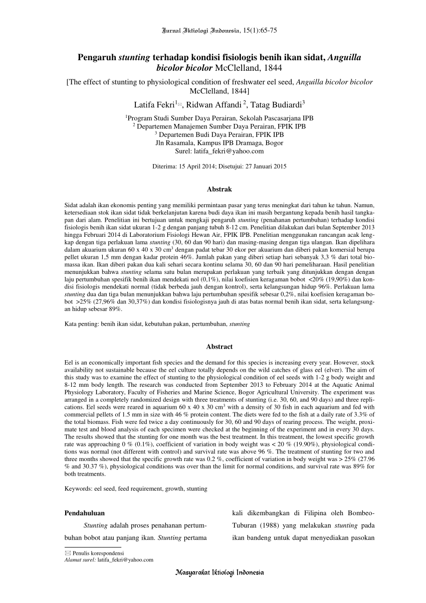 Pdf Pengaruh Stunting Terhadap Kondisi Fisiologi S Benih Ikan Sidat Anguilla Bicolor Bicolor Mcclelland 1844 The Effect Of Stunting To Physiological Condition Of Freshwater Eel Seed Anguilla Bicolor Bicolor Mcclelland 1844