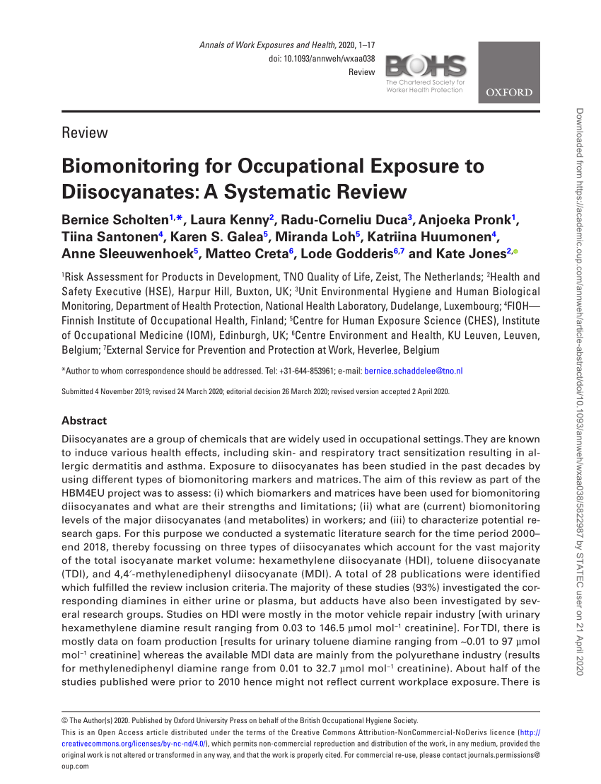 Pdf Biomonitoring For Occupational Exposure To Diisocyanates A Systematic Review