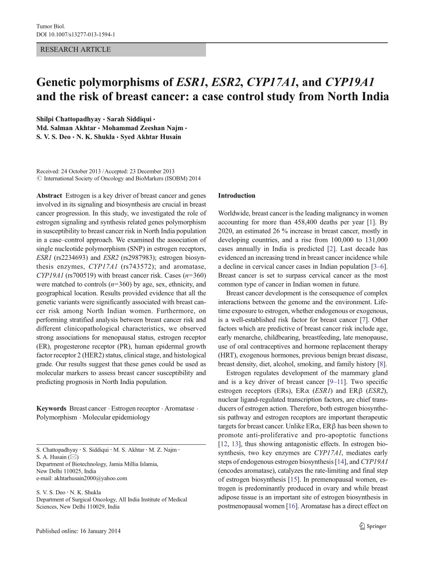 PDF) Genetic polymorphisms of ESR1, ESR2, CYP17A1, and CYP19A1 and 