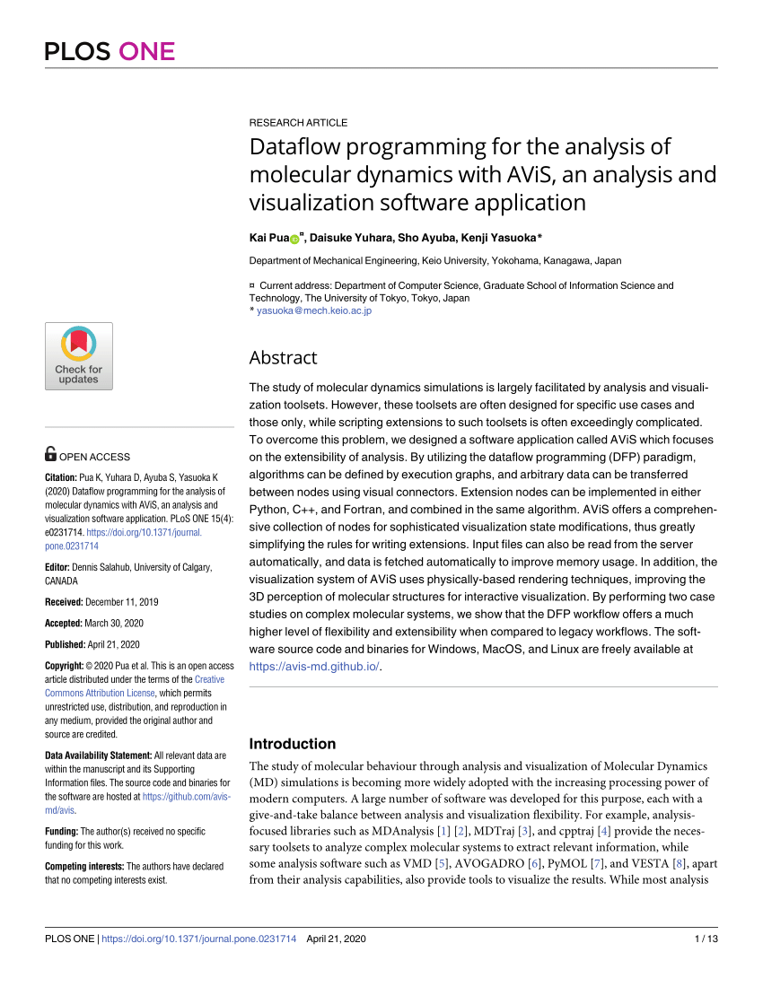 Pdf Dataflow Programming For The Analysis Of Molecular Dynamics With Avis An Analysis And Visualization Software Application