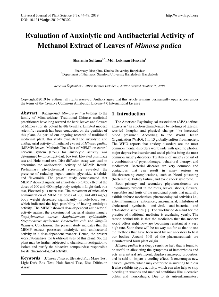 anthelmintic activity of leaves of mimosa pudica