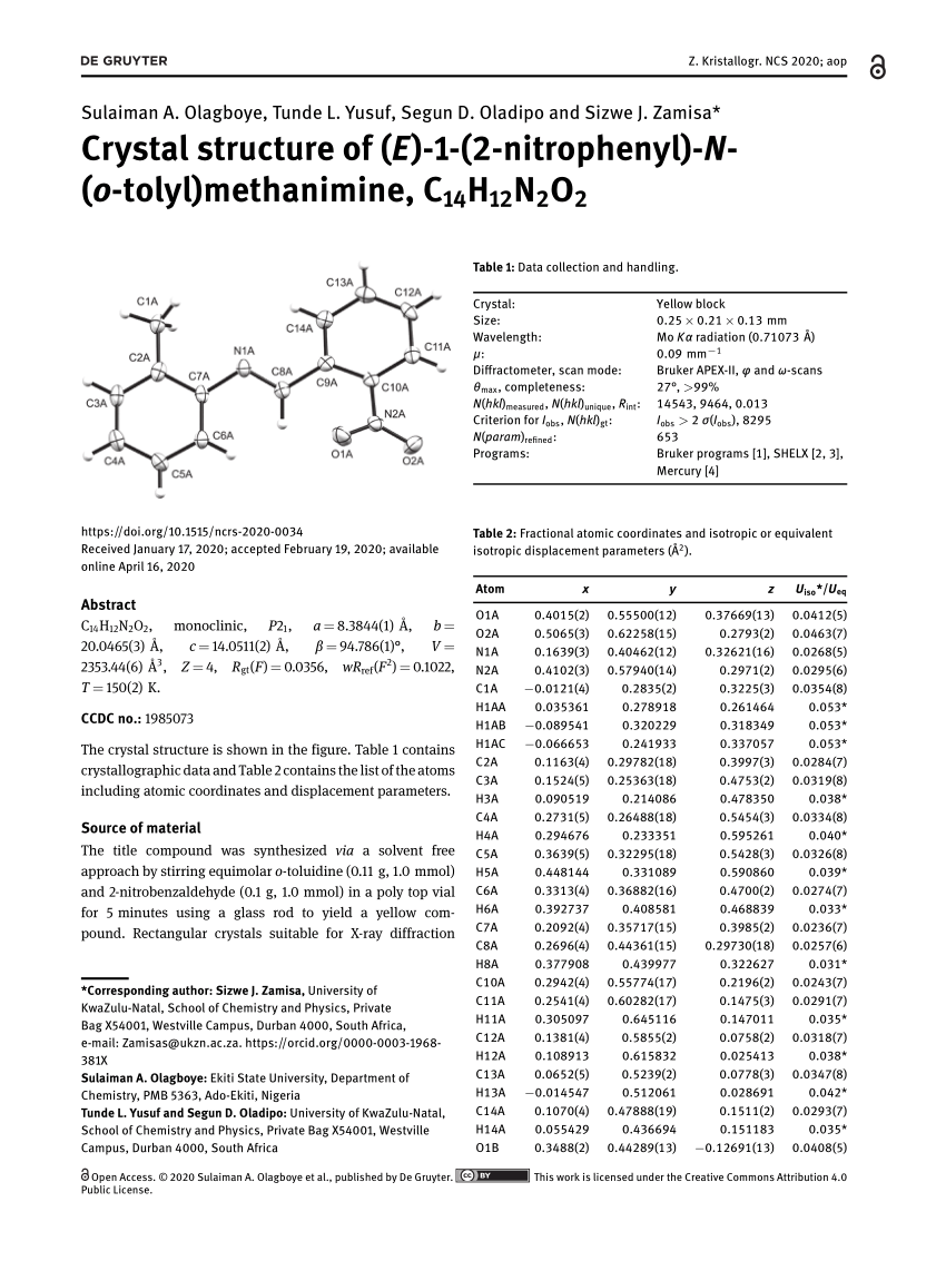 Pdf Crystal Structure Of E 1 2 Nitrophenyl N O Tolyl Methanimine C14h12n2o2