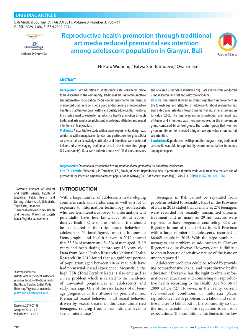 PDF) Reproductive health promotion through traditional art media reduced  the of premarital sex intention among adolescent population in Gianyar, Bali