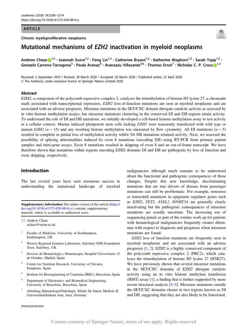 Mutational mechanisms of EZH2 inactivation in myeloid neoplasms