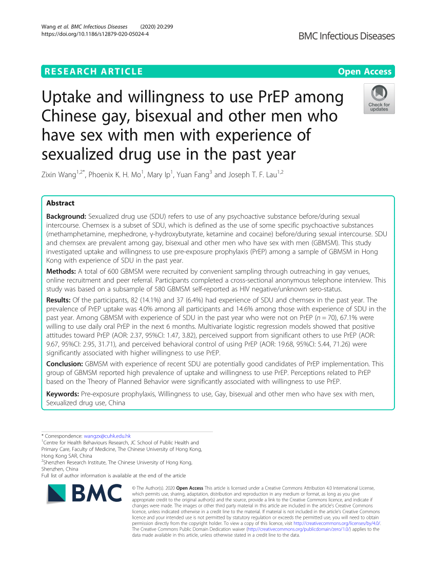 PDF) Uptake and willingness to use PrEP among Chinese gay, bisexual and  other men who have sex with men with experience of sexualized drug use in  the past year