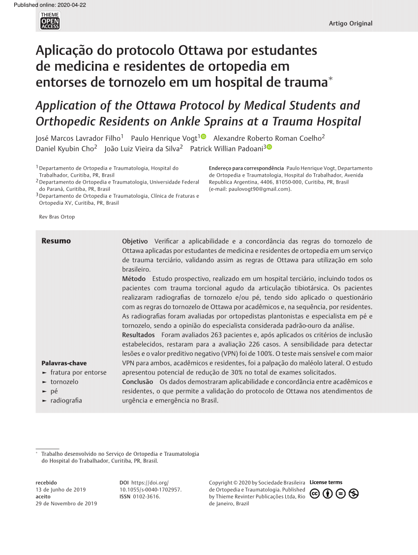 PDF) Aplicação do protocolo Ottawa por estudantes de medicina e residentes  de ortopedia em entorses de tornozelo em um hospital de trauma