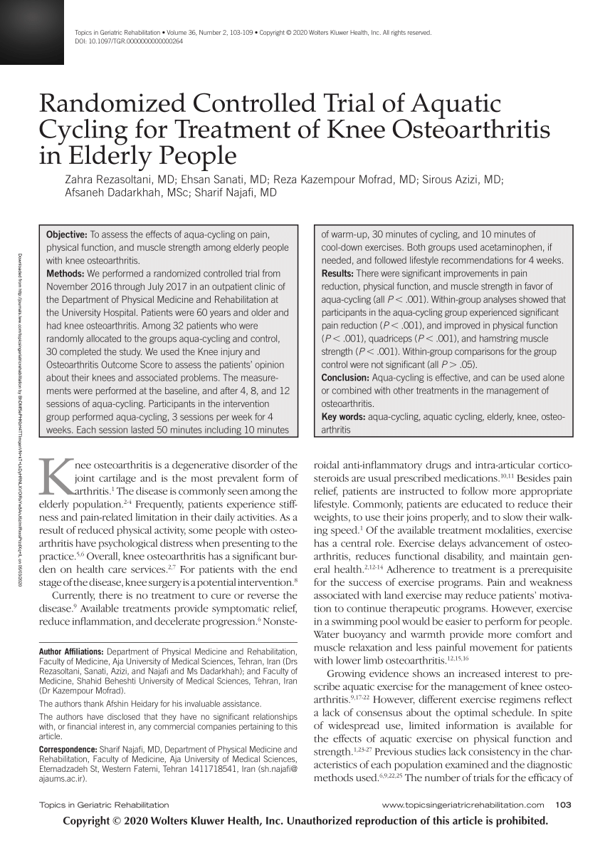 PDF) Randomized Controlled Trial of Aquatic Cycling for Treatment of Knee  Osteoarthritis in Elderly People